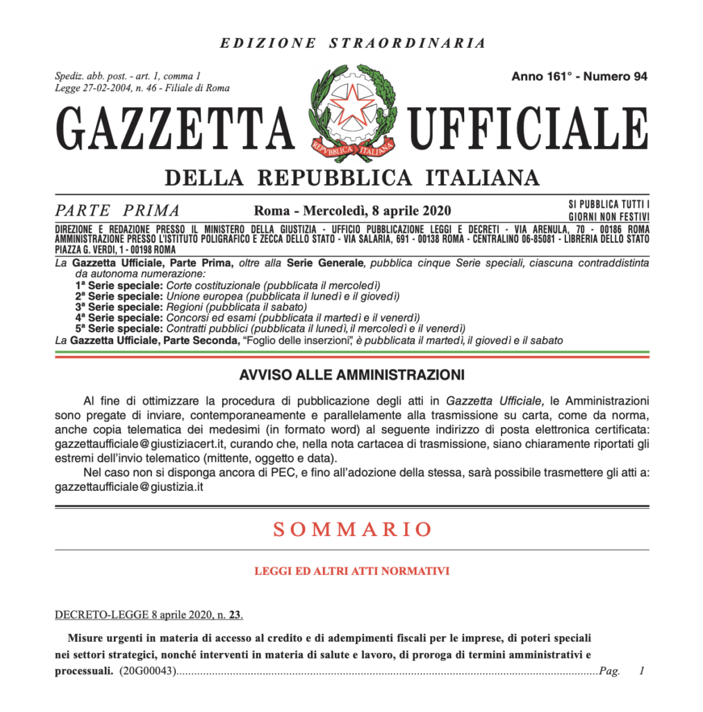 Gazzetta Ufficiale 8 Aprile 2020 decreto liquidità e affitti brevi